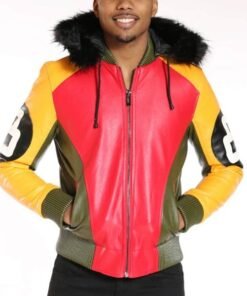 Men’s Tri Color 8 Ball Leather Jacket with Fur Hood