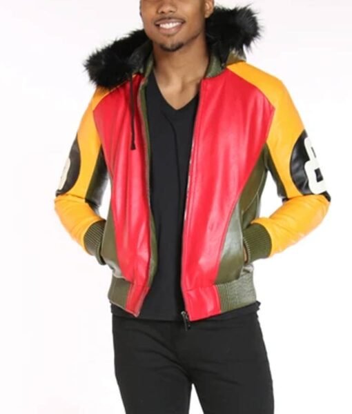 Men’s Tri Color 8 Ball Leather Jacket with Fur Hood - Image 4