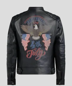 Bald Eagle USA Flag Printed Black Leather Jacket