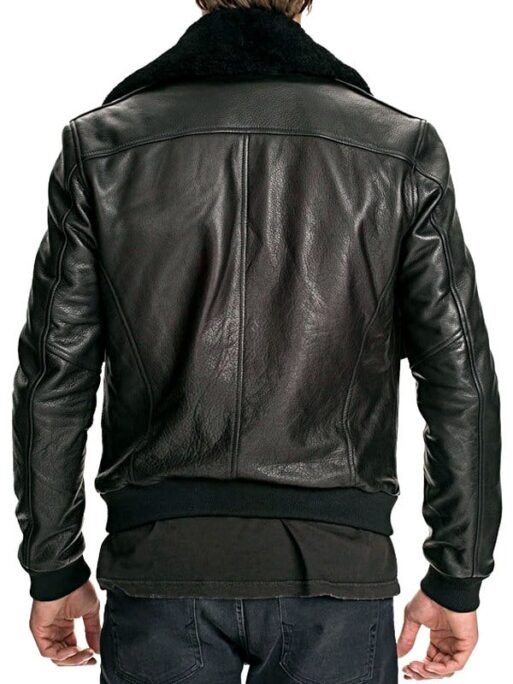MENS AIR FORCE LEATHER BOMBER JACKET FUR COLLAR BLACK - Image 2