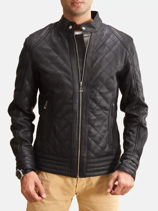 BLACK LEATHER MENS QUILTED JACKET