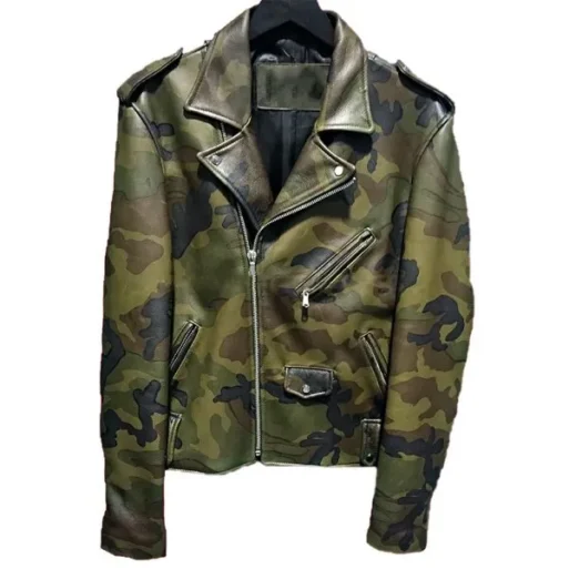 Men’s Biker Camouflage Military Leather Jacket