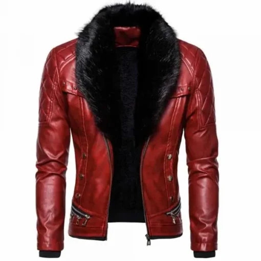 WWE Seth Rollins Red Leather Fur Shawl Collar Jacket
